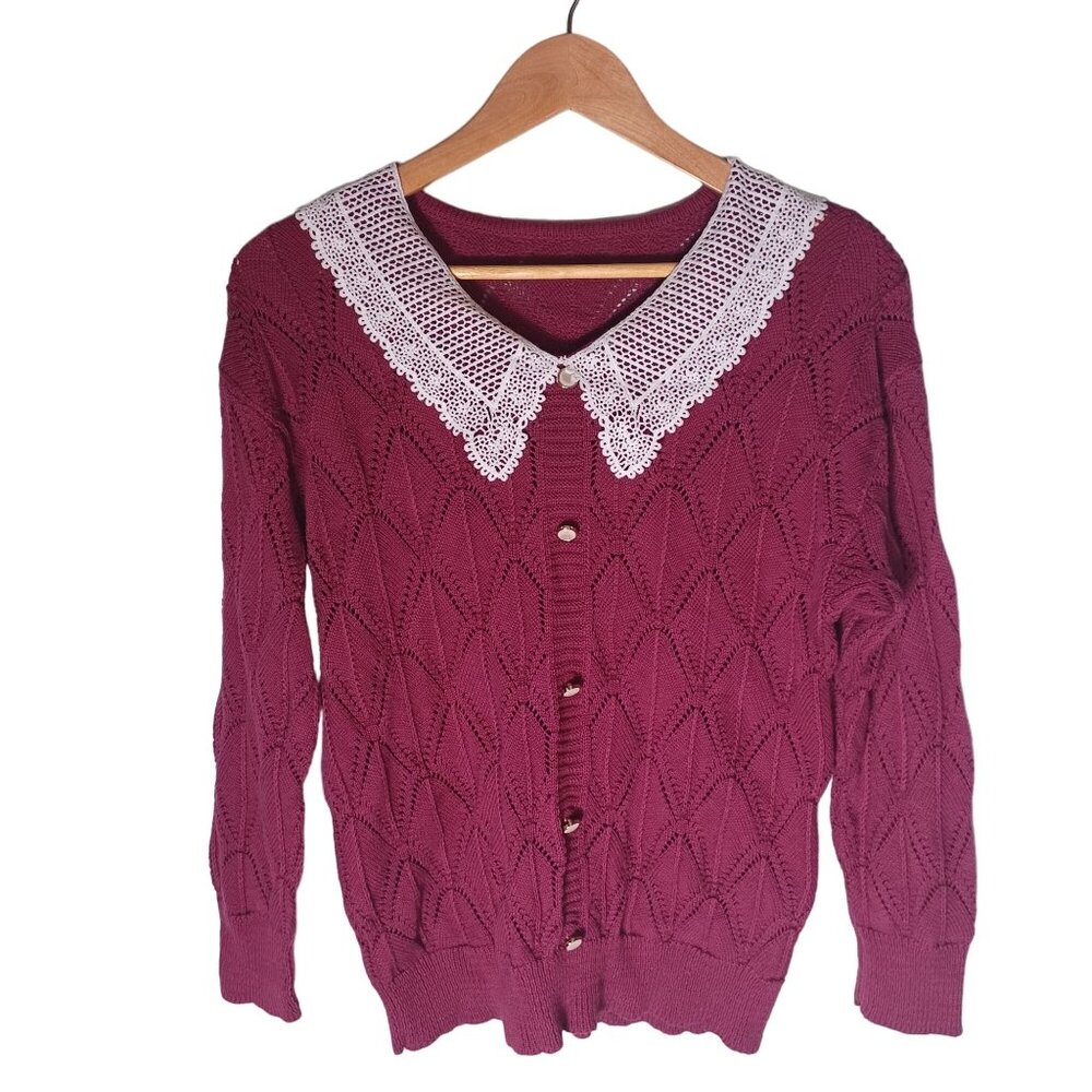 Womens Knit Sweater Size Medium Burgundy Grandmacore Granny Peter Pan Collar